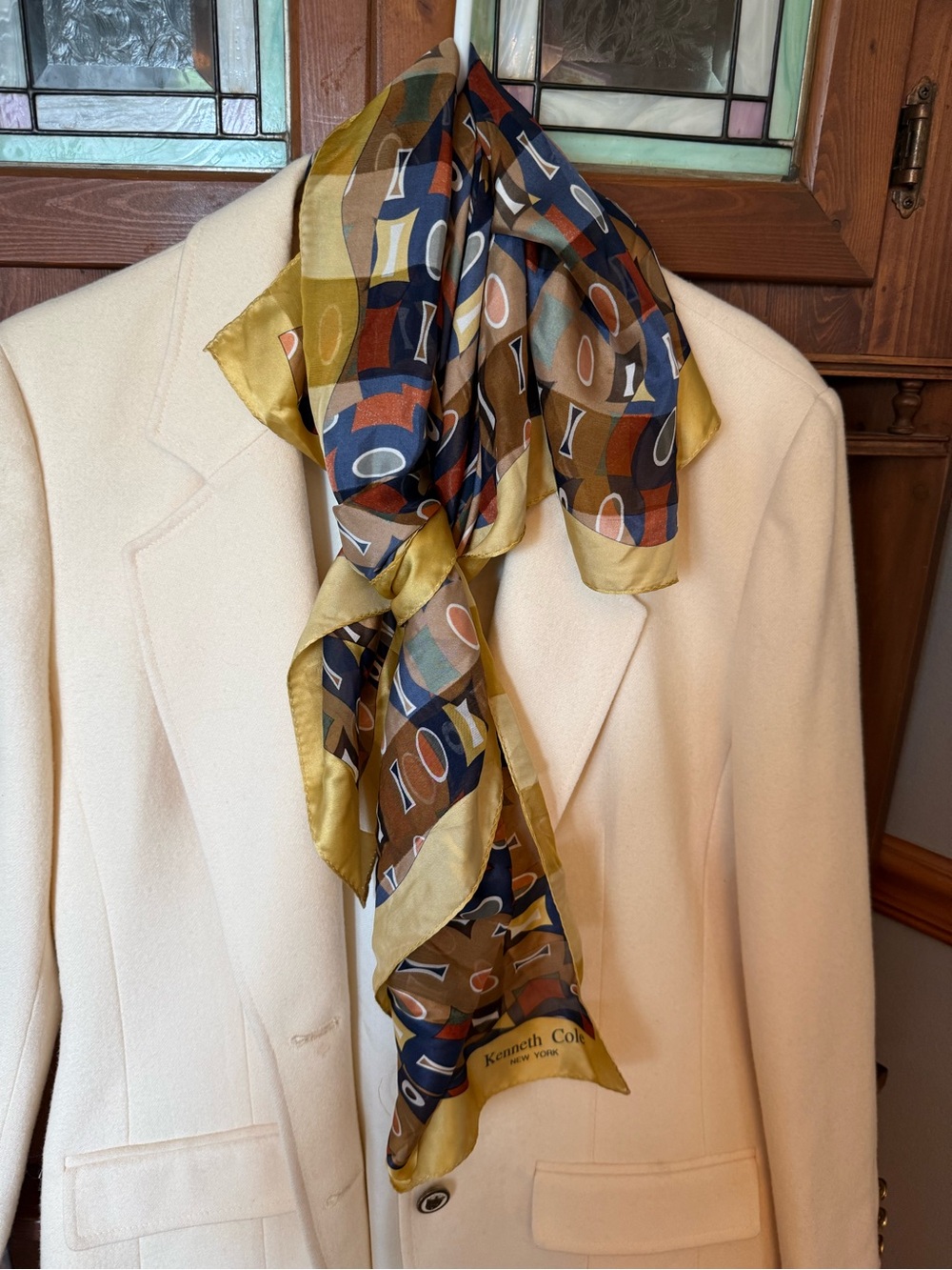 Kenneth Cole Multicolor Geometric Silk Scarf with Gold Border